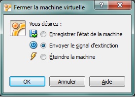 Arrêt de la machine virtuelle VirtualBox