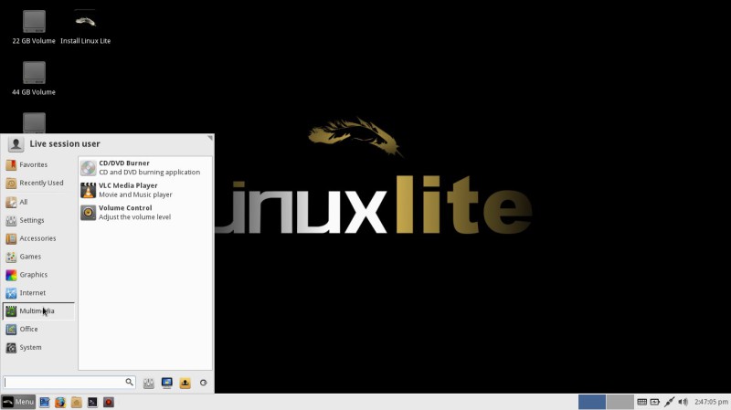 Linux Lite le menu