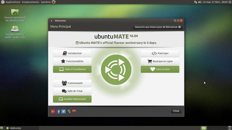 Bureau Ubuntu Mate fenêtre Bienvenue