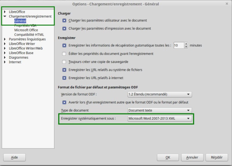 LibreOffice Writer format docx par défaut