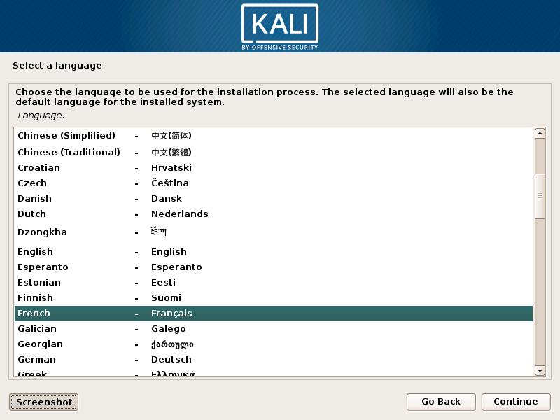 Langue d'installation de Kali Linux
