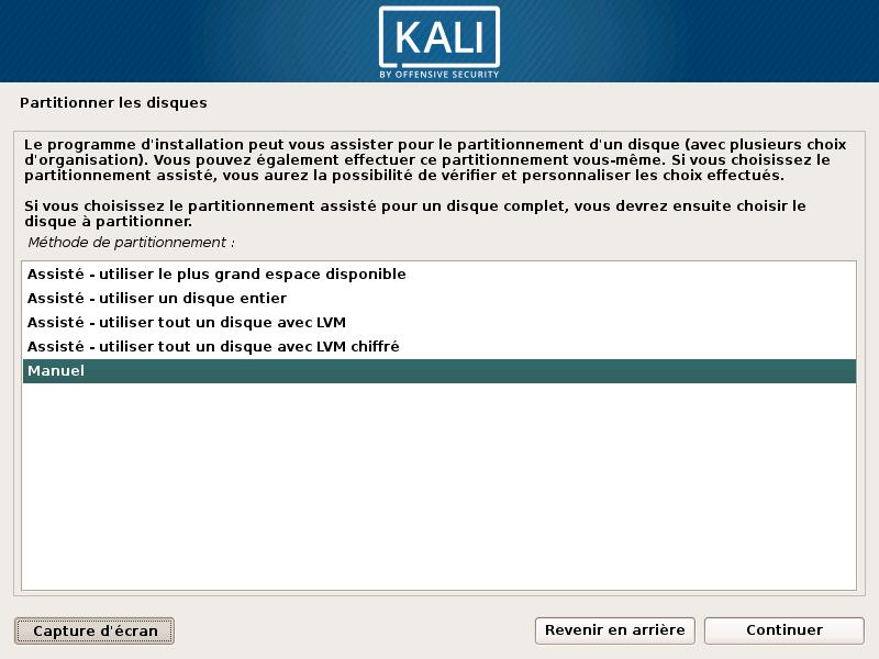 Choix manuel d'installation de Kali Linux