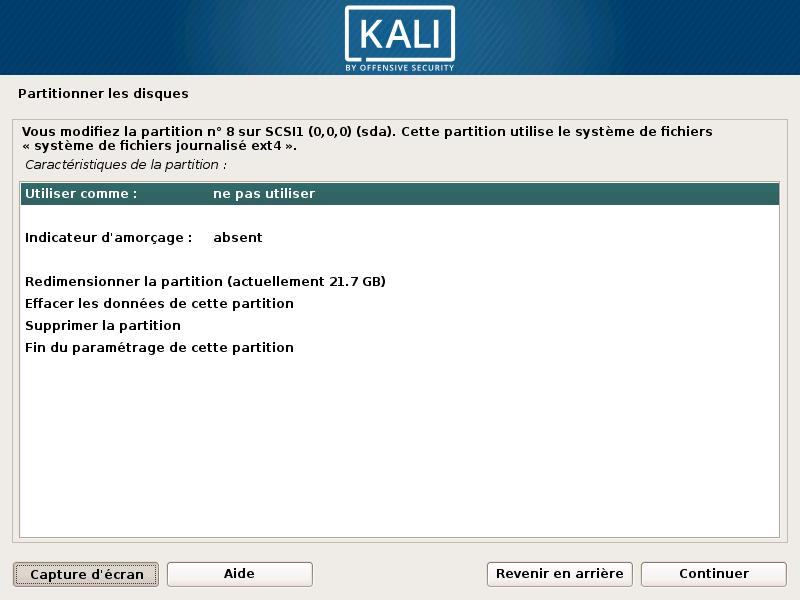 Partition prévue pour l'installation de Kali Linux