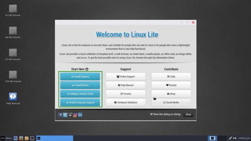 Fenêtre de bienvenue de Linux Lite
