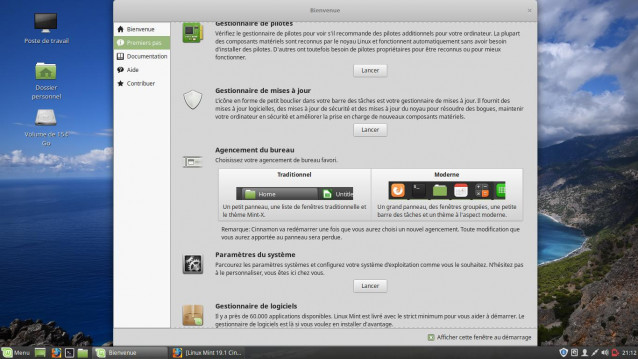 Linux Mint 19.1 Cinnamon fenêtre de Bienvenue