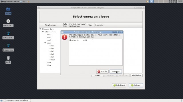 Sabayon 8 XFCE avertissement avant formatage