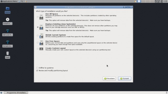 Sabayon 8 XFCE choix du type d'installation