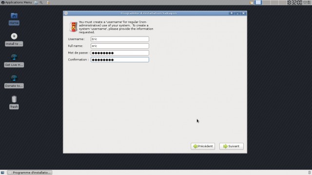 Sabayon 8 XFCE création de l'utilisateur