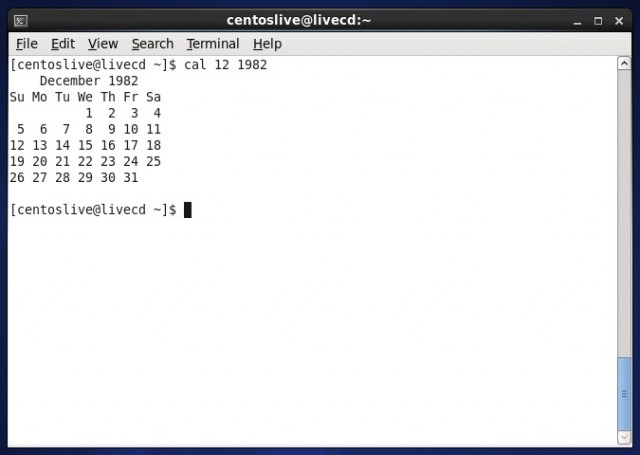 Calendrier de l'année 1982 dans un terminal sous CentOS