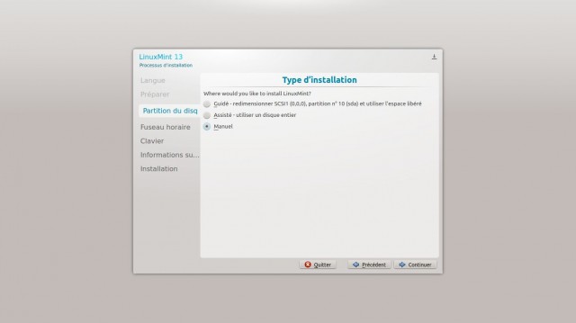 Type d'installation de Linux mint 13 kde