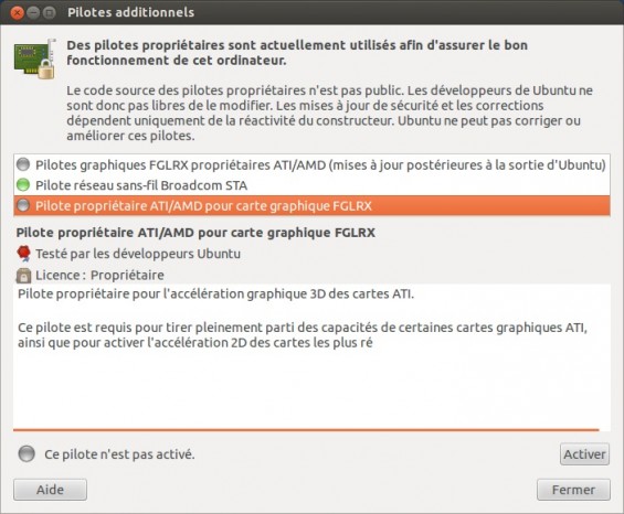 Ubuntu les pilotes propriétaires