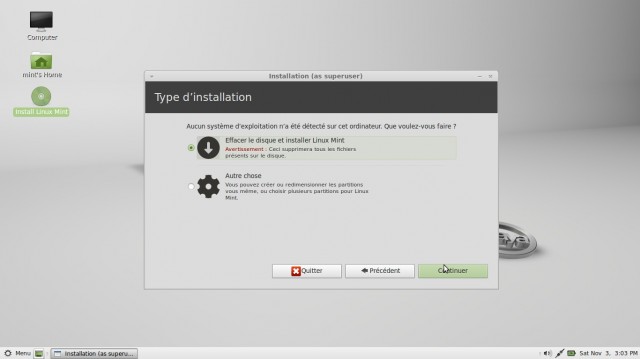 Attention type d'installation sur le disque dur