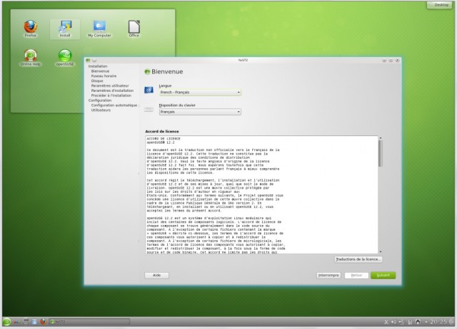 L'écran de Bienvenue d'Opensuse