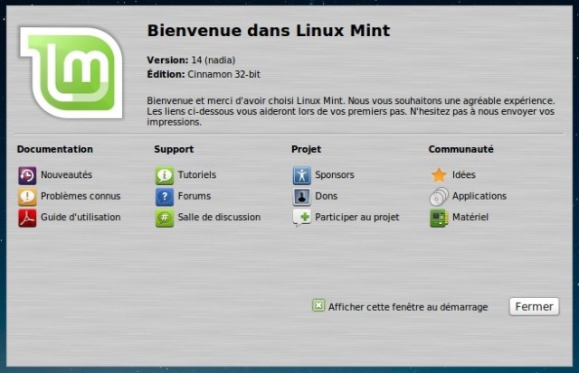 Fenêtre de Bienvenue de Linux Mint