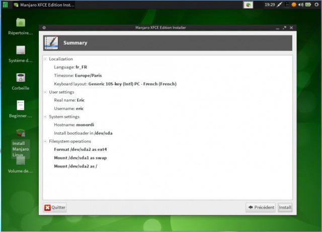 Récapitulatif avant l'installation de Manjaro
