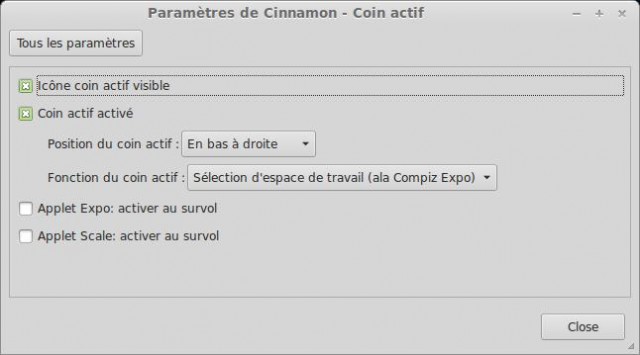 Réglages pour le coin actif dans Cinnamon