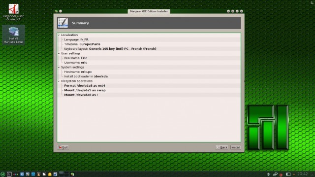 Récapitulatif de l'installation de Manjaro