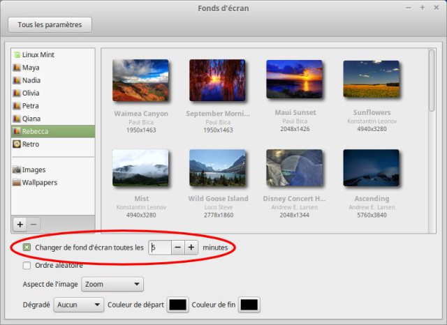 Faire défiler les fonds d'écran Linux Mint