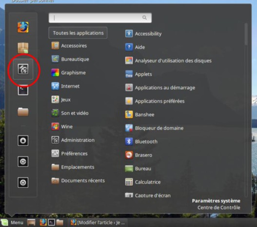 Menu paramètres système Linux Mint