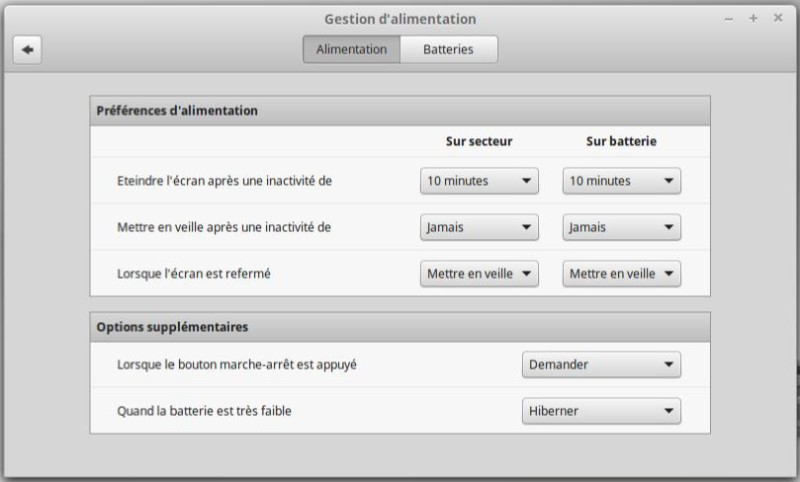 Gestionnaire de l'alimentation Linux Mint