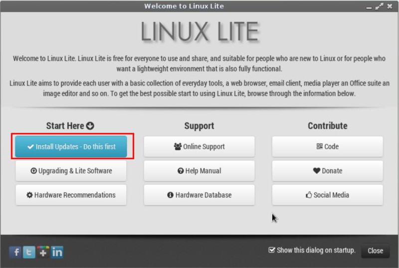 Fenêtre Bienvenue Linux Lite