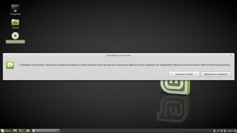 Redémarrage de Linux Mint 18