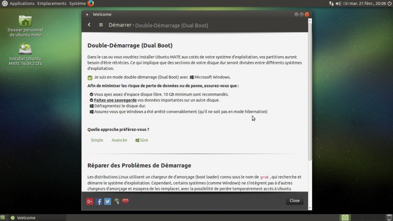 Bureau Ubuntu Mate Bienvenue double boot