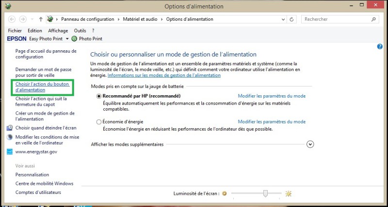 Choisir l'action du bouton d'alimentation
