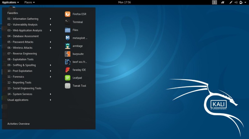 Menu outils Kali Linux