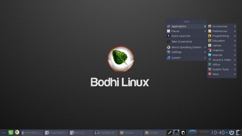 Le menu sur le bureau de bodhi Linux