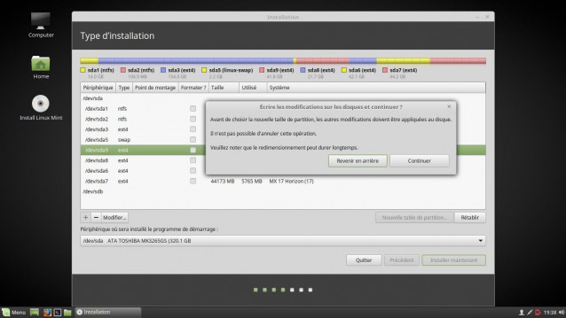 Avertissement avant installation de Linux Mint