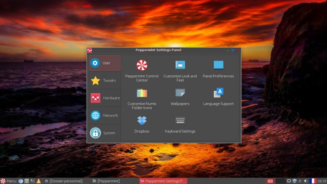 Gestionnaire de paramètres systeme Peppermint 8