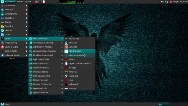 Menu principal pour la securité informatique de Parrot GNU/Linux