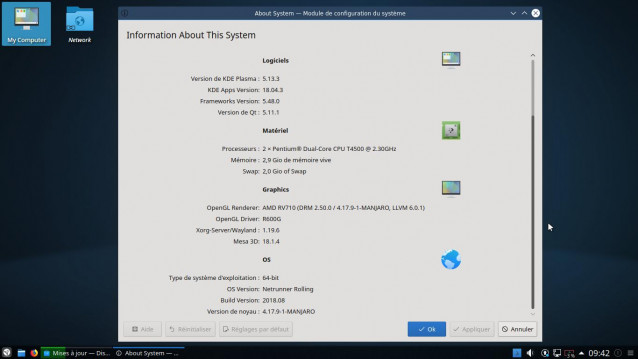 Caracteristiques de mon pc sous Netrunner 2018.08